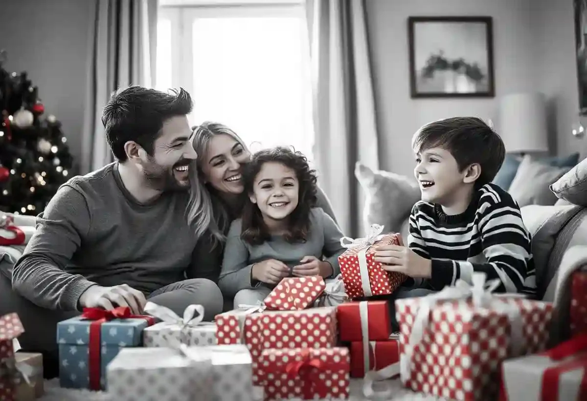 A family of four, consisting of a father with short brown hair, a mother with long blonde hair, a daughter with curly brown hair, and a son with straight brown hair, happily laughing while surrounded by colorful wrapped gifts in a cozy living room decorated for a festive occasion. Natural light streams through a window, illuminating their joyful expressions.