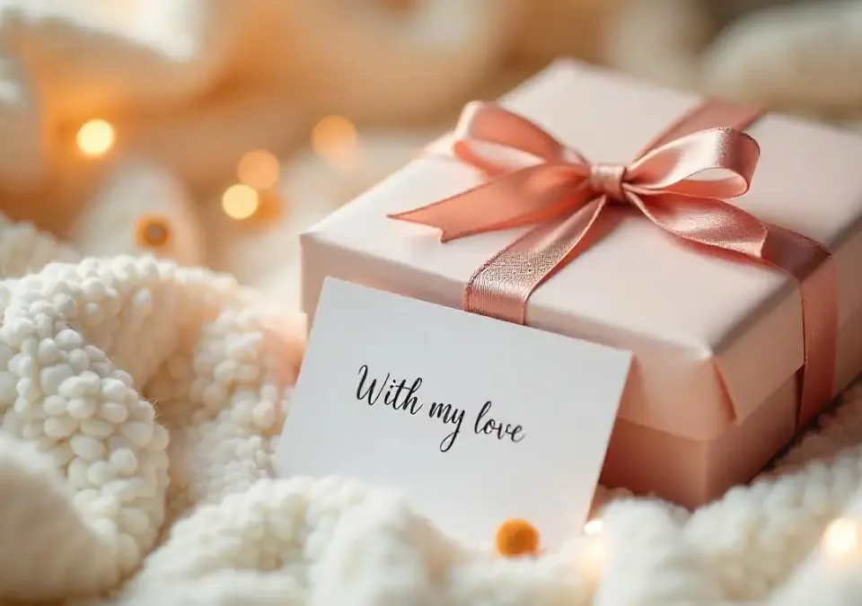 A cozy, soft-toned scene featuring a beautifully wrapped gift box with an elegant ribbon, and a small, handwritten love message card resting nearby. The card has a simple, heartfelt message that reads 'With all my love' in neat, cursive handwriting. Surrounding the gift are subtle decorative elements like small flowers, soft lighting, and a hint of sparkle, evoking warmth and sincerity. The background is softly blurred to keep the focus on the gift and message, with a gentle color palette in shades of pastel and cream to convey friendliness and thoughtfulness.