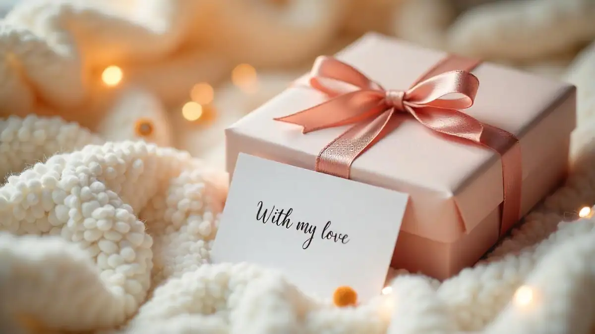 A cozy, soft-toned scene featuring a beautifully wrapped gift box with an elegant ribbon, and a small, handwritten love message card resting nearby. The card has a simple, heartfelt message that reads 'With all my love' in neat, cursive handwriting. Surrounding the gift are subtle decorative elements like small flowers, soft lighting, and a hint of sparkle, evoking warmth and sincerity. The background is softly blurred to keep the focus on the gift and message, with a gentle color palette in shades of pastel and cream to convey friendliness and thoughtfulness.